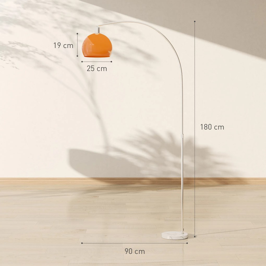 HOMCOM Lampa łukowa z przełącznikiem nożnym, z marmuru, metalu i tworzywa sztucznego, 26x90x180 cm, Biały i Pomarańczowy