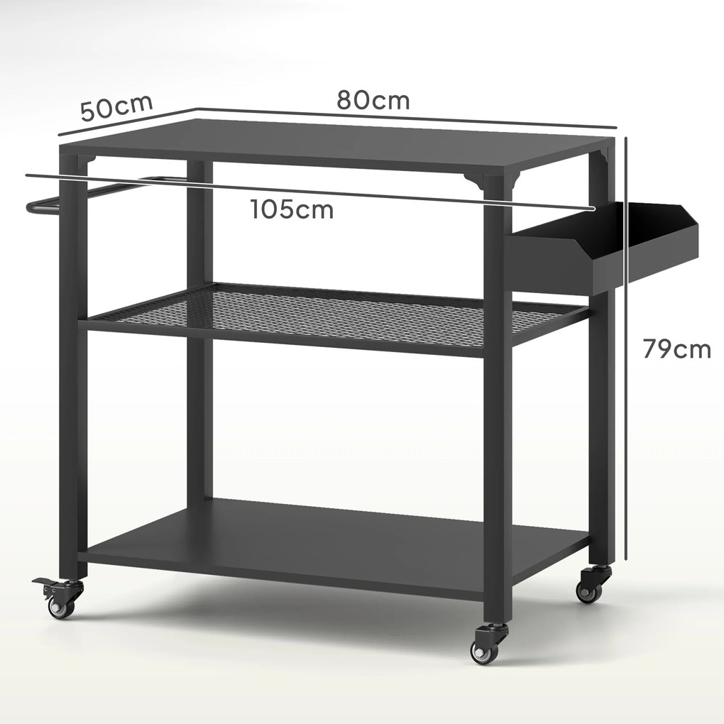 Outsunny Wyspa Kuchenna na Zewnątrz, Wózek Grillowy z Półką na Zapasy, Uchwytem, 4 Kołami, Wózek Kuchenny, Taras, Ogród, Metal, Czarny