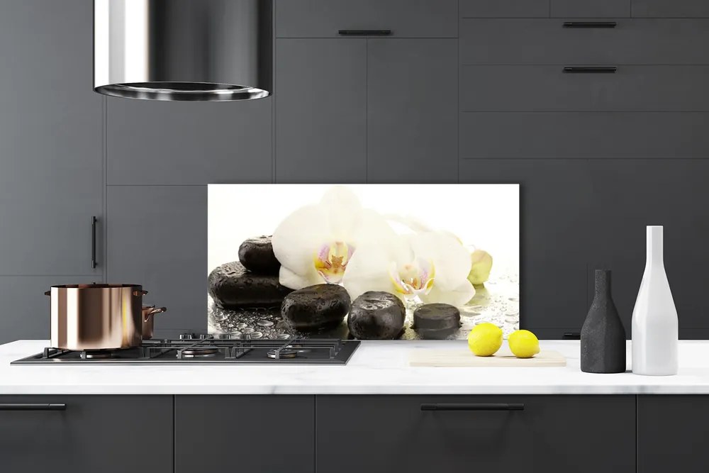 Panel Szklany Równowaga: Kwiat i Gładki Kamień