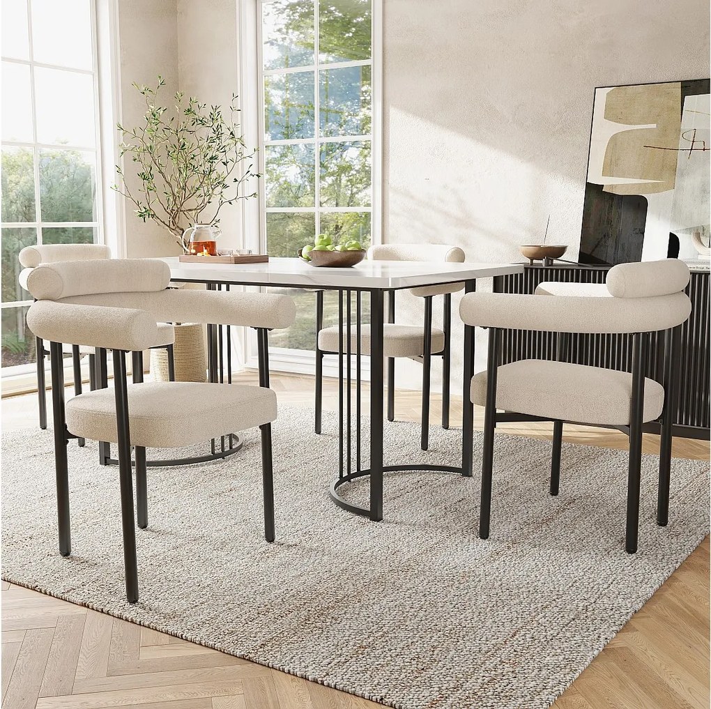 Zestaw stół jadalny + 4 krzesła welurowe - 140 x 80 x 75 cm - MDF drewno i metal - Blat imitujący marmur - Beż + biel
