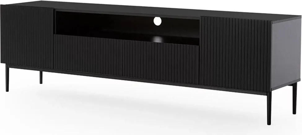 Szafka RTV Nicole 200 cm z wnęką i szufladami - czarny mat / czarne nóżki