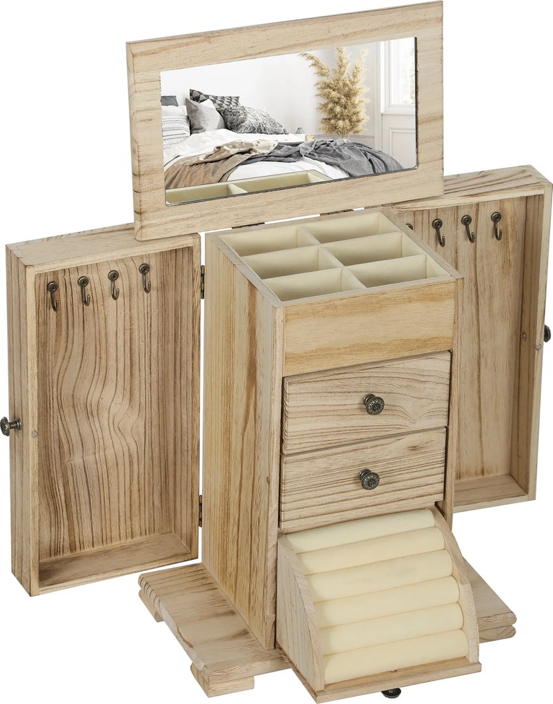 HOMCOM Szkatułka na biżuterię, organizer, 4-poziomowy układ, z wbudowanym lustrem, drewno, brązowy