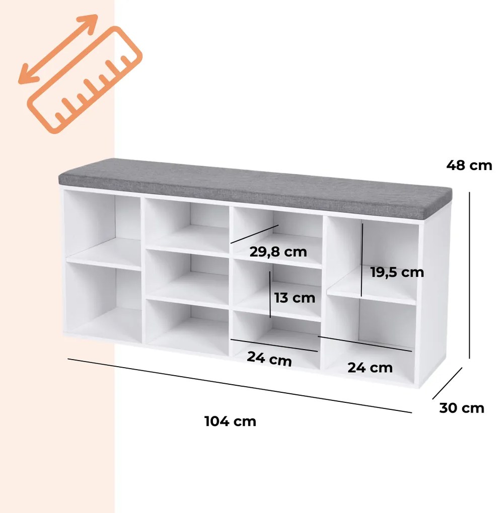 Szafka na buty z tapicerowaną ławką GABI, 10 przegródek, 104x30x48cm, szary/biały Vasagle