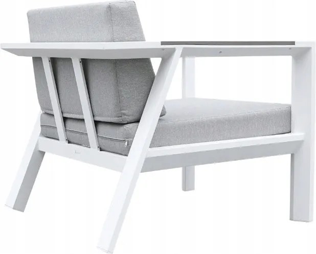 Zestaw mebli ogrodowych biały aluminium sofa fotele stolik drewniane detale