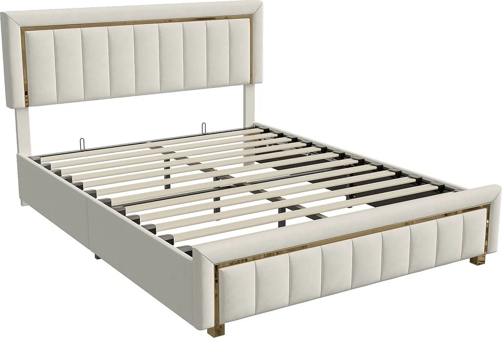 Łóżko z Pojemnikiem 160x200 cm Beżowy Aksamit z Pikowanym Zagłówkiem i Przechowywaniem, Współczesny Skandynawski Design, Nośność 250 kg, Bez Materaca