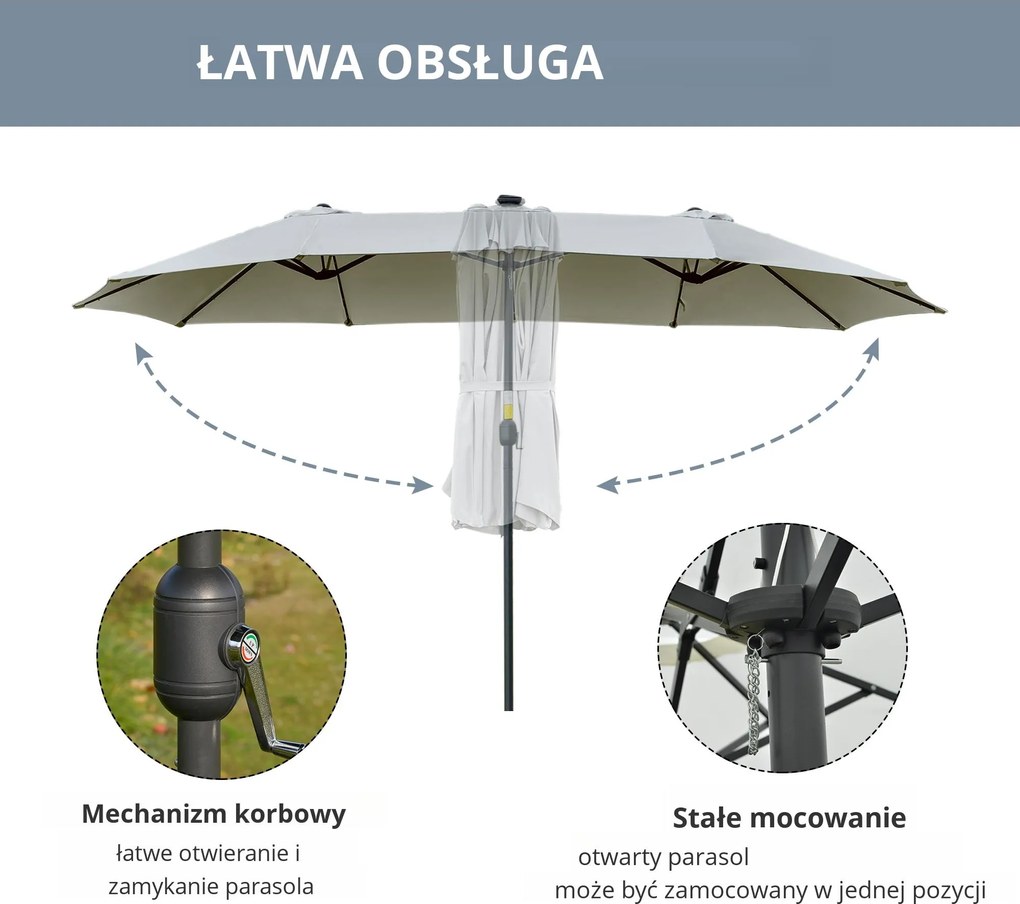 Outsunny Parasol z Oświetleniem LED Solar 4,5m, Podwójny Parasol Ogrodowy, Markiz, Tarasowy Okrągły Jasnoszary+Czarny