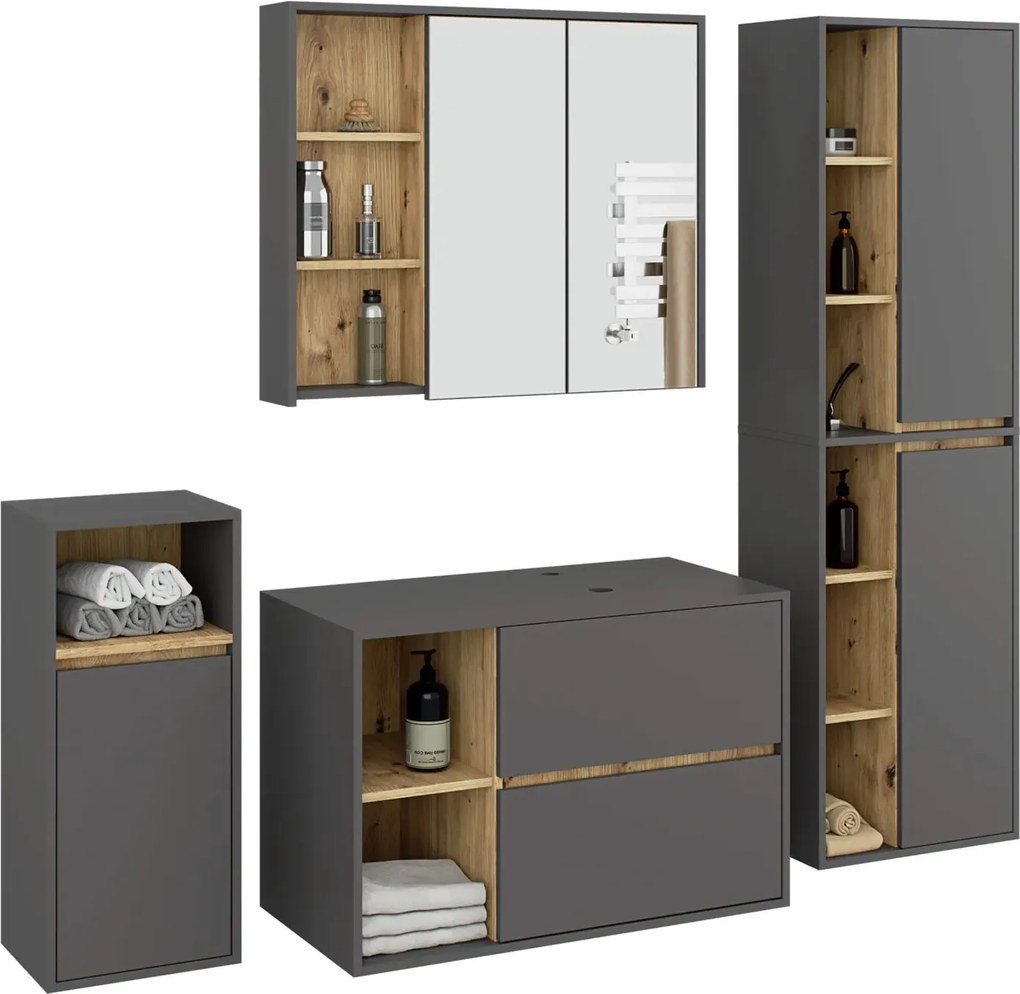 Komplet mebli łazienkowych grafit + dąb artisan  W8-C09