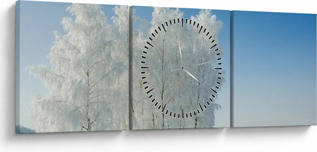 Obraz zaśnieżonego krajobrazu (z zegarem) (90x30 cm)