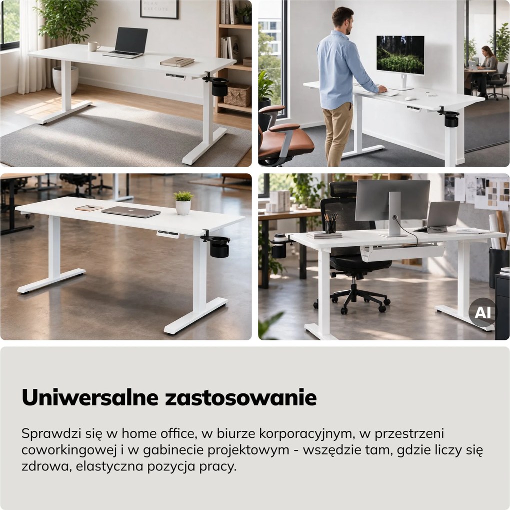 Biurko elektryczne z regulacją wysokości ergonomiczne białe,1600x800 mm: ARIA