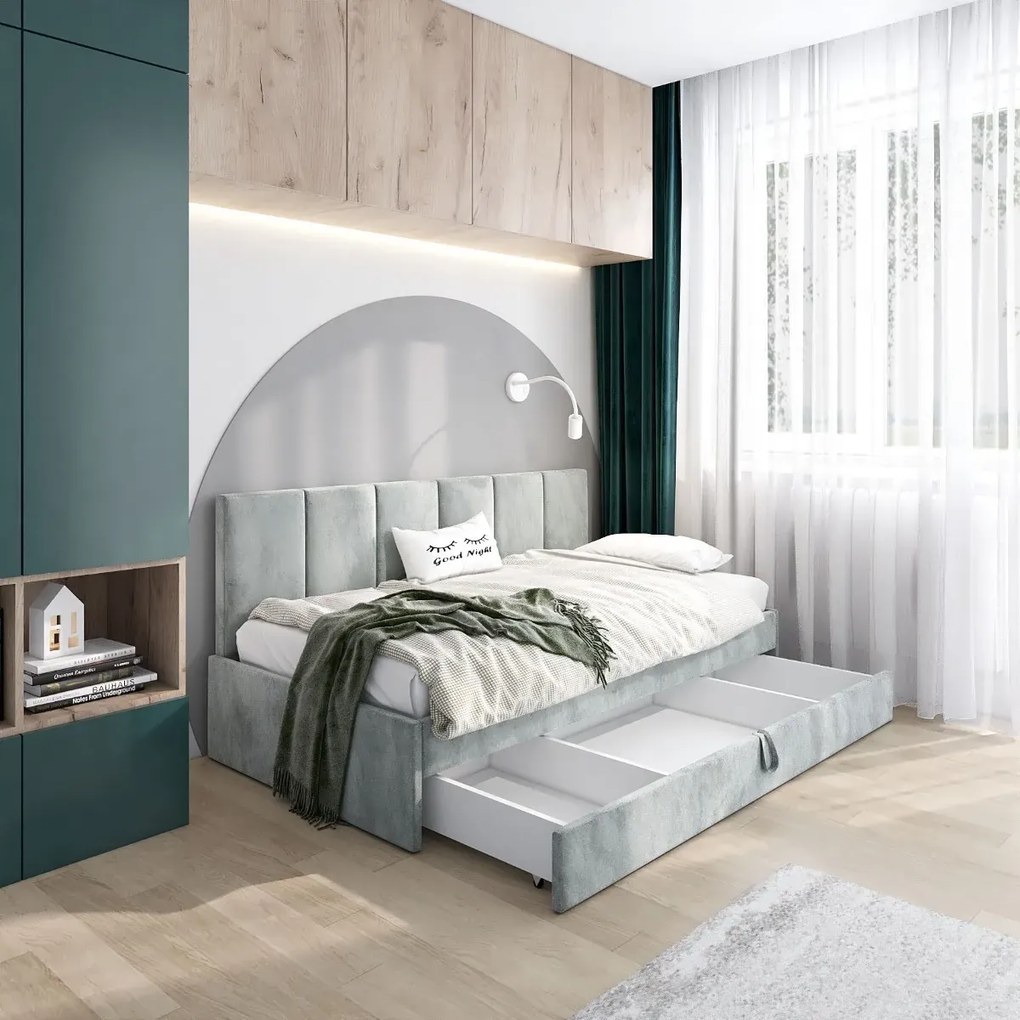 Łóżko młodzieżowe SORA 2 80x200 jasne szare z tapicerowanym panelem i szufladą MKPOL