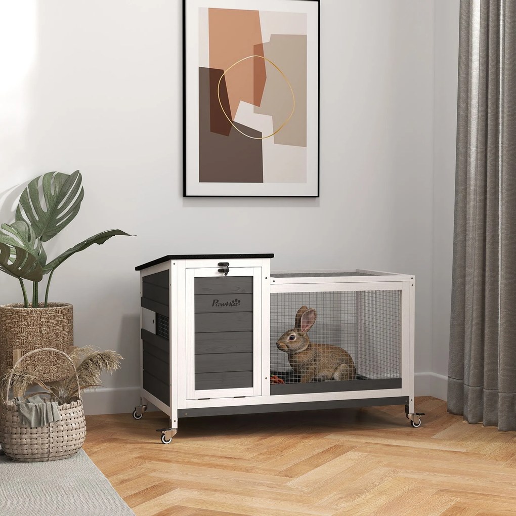 Drewniana klatka dla królików PawHut z wybiegiem i kółkami, otwieranym dachem, dla użytku zewnętrznego i wewnętrznego 92 x 52 x 67 cm, Ciemnoszara