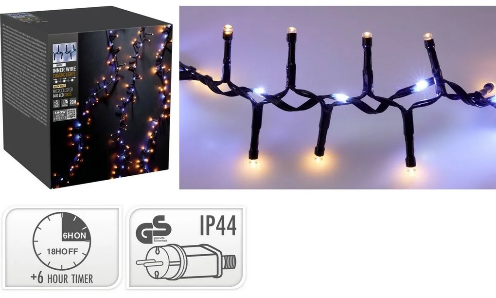 Zewnętrzny łańcuch świetlny Waterfall, 20 m, 1410 LED, ciepła i zimna biała, timer, IP44, 20 m