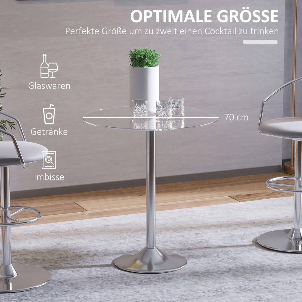 HOMCOM Okrągły Stół Jadalniany ze Szkłem, Metalowa Konstrukcja, Kolor Srebrny