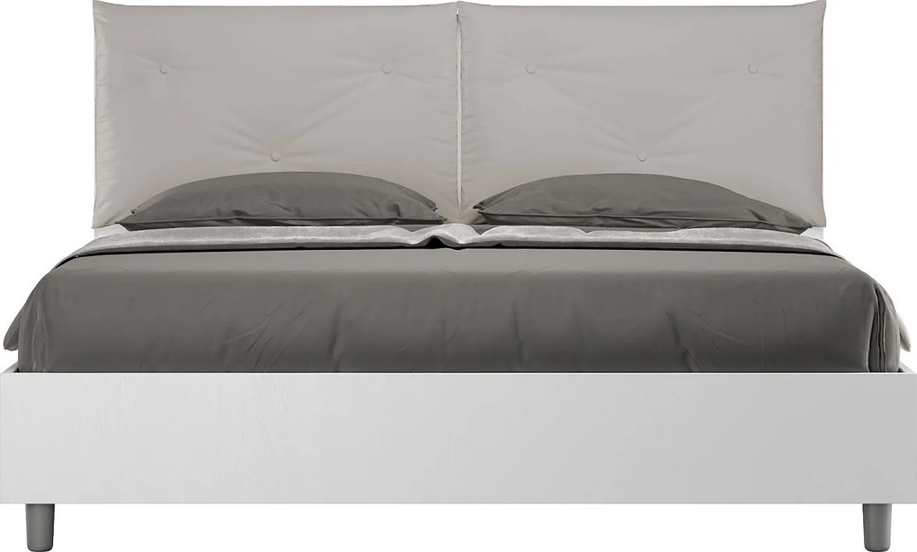 Łóżko podwójne Appia 160x190 cm z pojemnikiem, podwójne podnoszenie, białe drewno jesionowe, poduszki z eco-skóry w kolorze gołębiej szarości