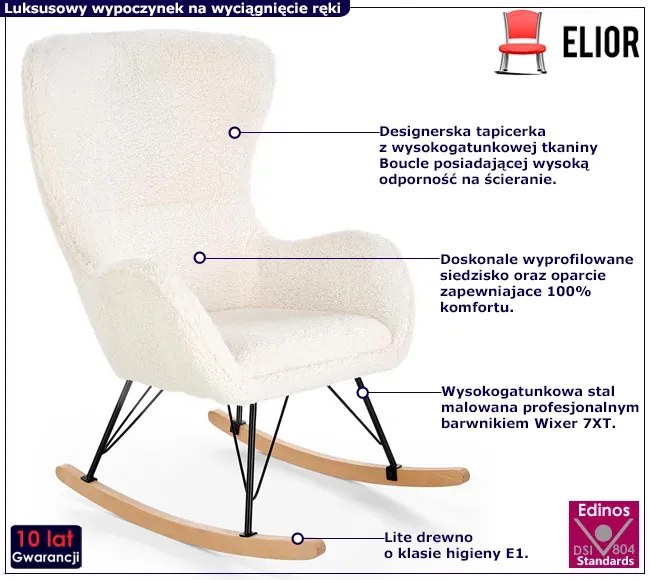 Kremowy fotel bujany boucle na drewnianych płozach P0-T37