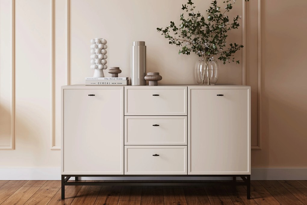 Komoda Lorini 150 cm z szufladami - kaszmir / czarne uchwyty T-bar / stelaż