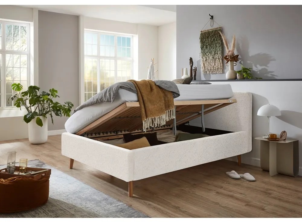 Białe tapicerowane łóżko dwuosobowe ze schowkiem ze stelażem 140x200 cm Mattis – Meise Möbel