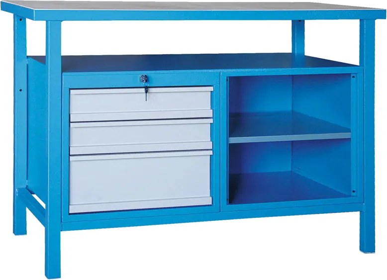 Stół warsztatowy GD, świerk + bukowa sklejka, 3 szuflady, 1 półka, 1190 x 600 x 850 mm, szary