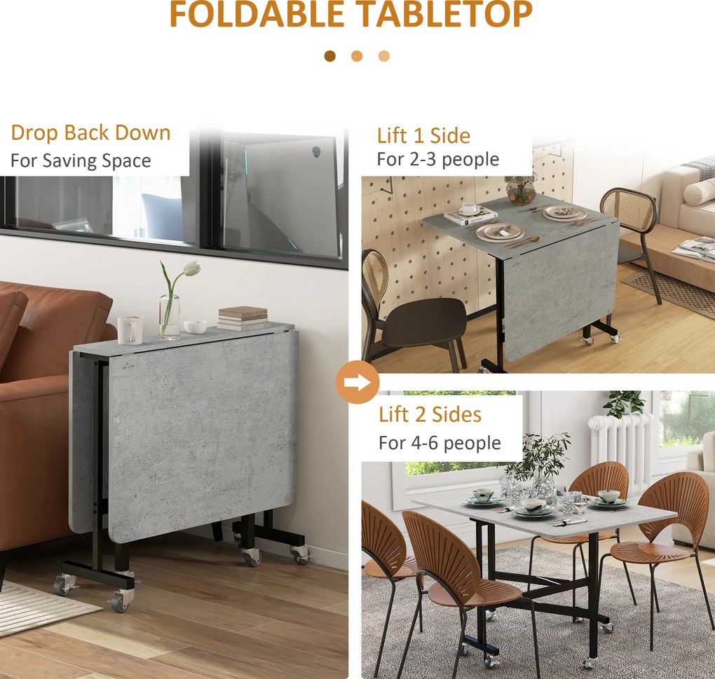 HOMCOM Składany stół na kółkach dla 4-6 osób stelaż stalowy szary 52,5-120x80x73 cm | Aosom PL