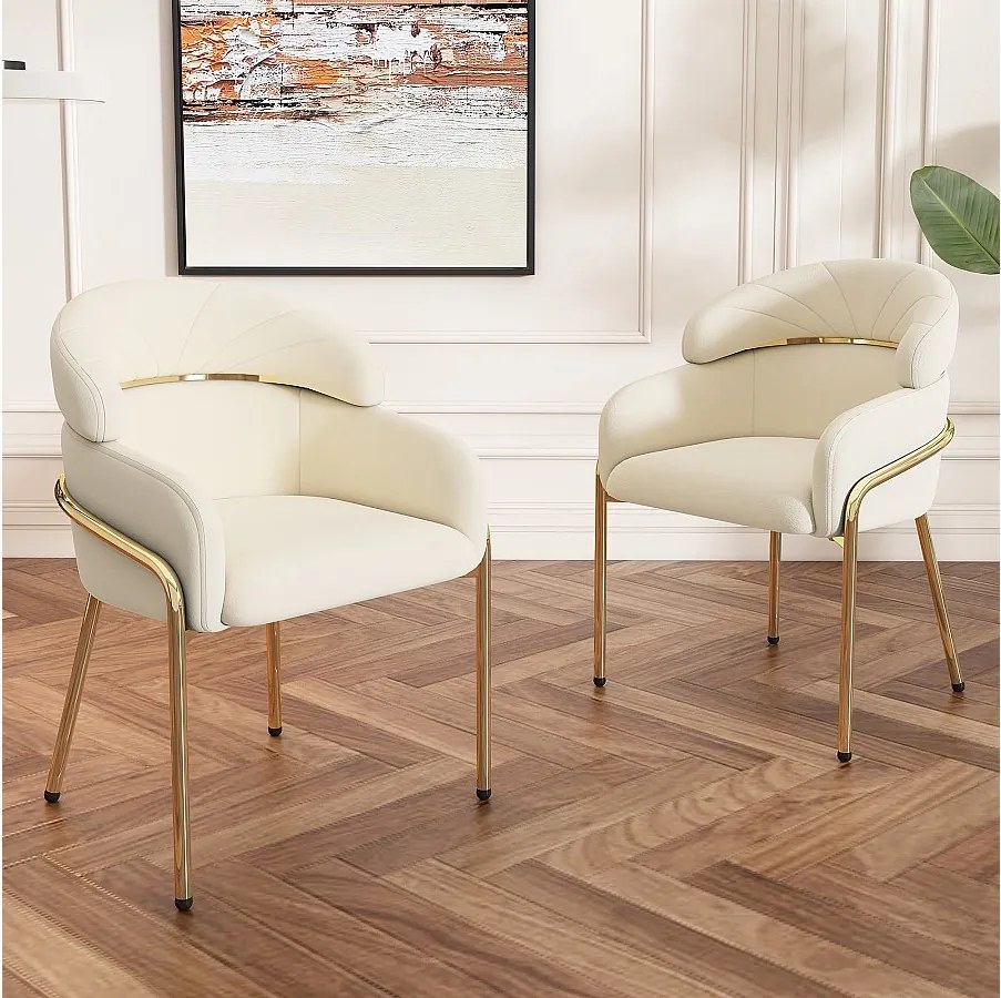 Zestaw 2 krzeseł do jadalni z beżowego aksamitu z tapicerowanym oparciem i złotymi metalowymi nogami