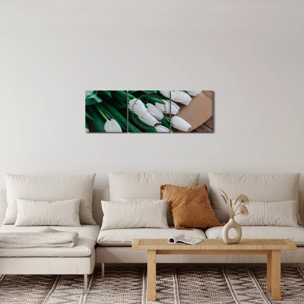Obraz bukietu białych tulipanów (z zegarem) (90x30 cm)
