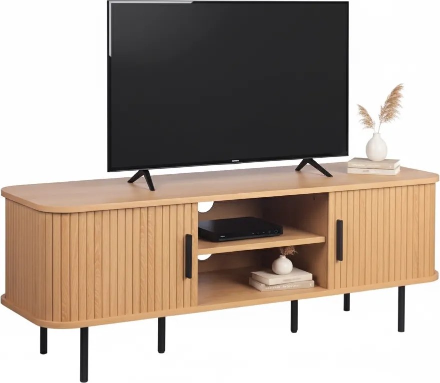 Ryflowana szafka RTV z drzwiami przesuwnymi Kasja 120 cm, kolor dąb