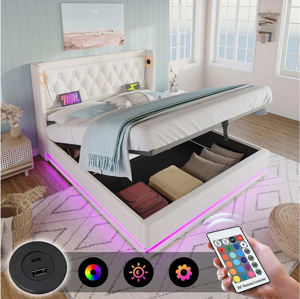 Łóżko tapicerowane dwuosobowe ze schowkiem - 180 x 200 cm - z zagłówkiem + portem USB + oświetleniem LED + hydraulicznym schowkiem - Bawełna - białe