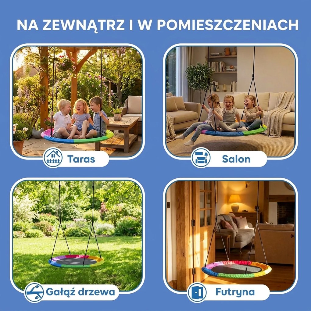 AIYAPLAY Huśtawka Gniazdo Regulowana do 300 kg z Regulowanymi Linami 100 x 100 x 180 cm Wielokolorowa | Aosom PL