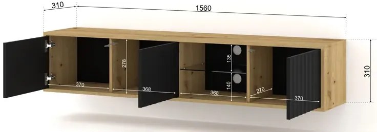 Frezowana ścienna szafka rtv dąb artisan + czarny - Solveno