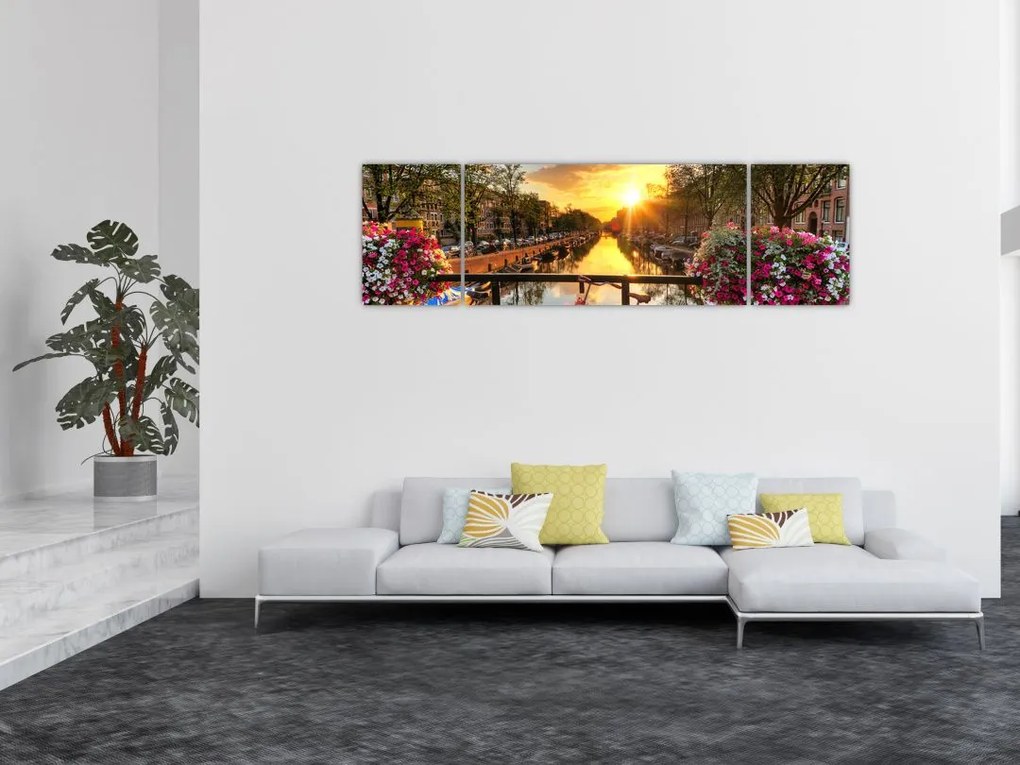 Obraz - Wschód słońca w Amsterdamie (170x50 cm)