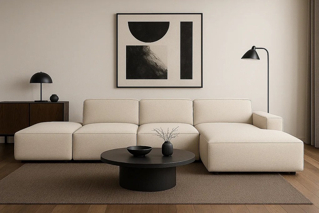 Narożnik modułowy Cursal C prawy z pufą – sofa narożna 341 x 166 x 70 cm, kremowy Raven 24, nowoczesny design