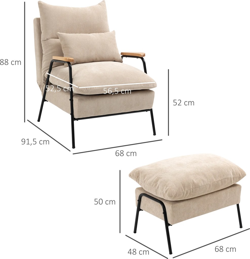 HOMCOM Fotel wypoczynkowy z podnóżkiem, funkcja leżenia, wygodny fotel telewizyjny, 68 x 91,5 x 88 cm, kolor Beżowy