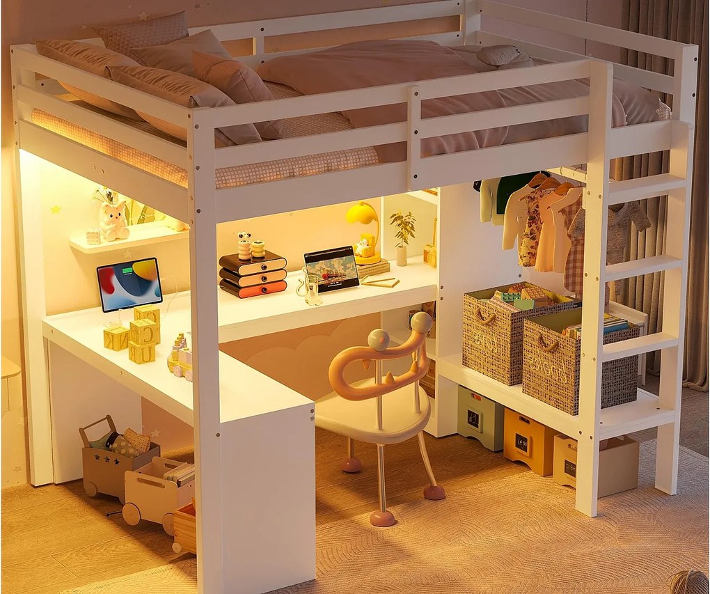 Łóżko na antresoli 140x200 cm - z biurkiem - z otwartą szafą - z oświetleniem LED i portem USB - biały (materac nie w zestawie)