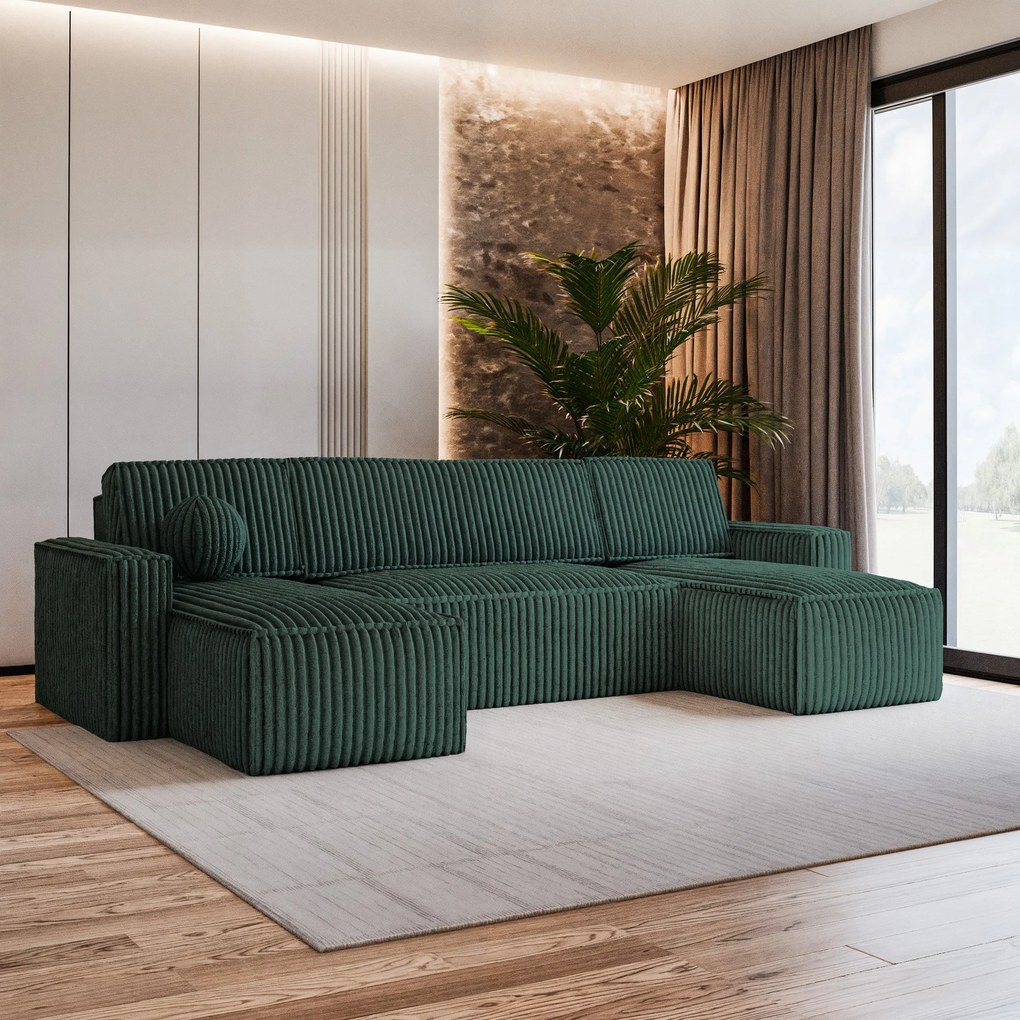 Masseno Narożnik PESANO z funkcją spania i pojemnikiem na pościel Narozniki U, Rozkładana sofa - Butelkowa zieleń, TILIA 39