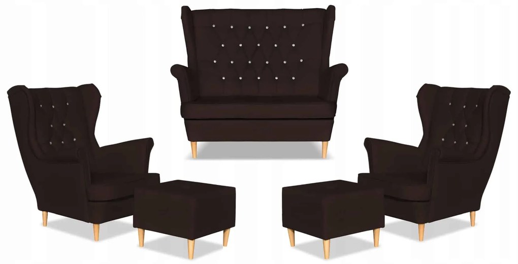 Zestaw uszak Gaja ekoskóra skaj sofa fotele pufy Family Meble ciemny brąz