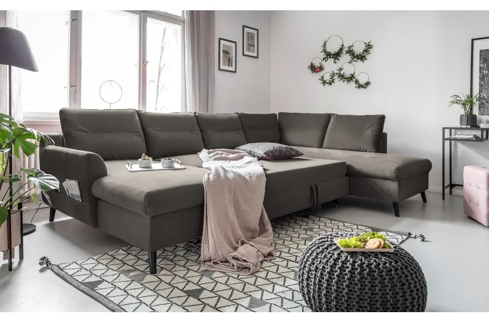 Ciemnoszara aksamitna rozkładana sofa w kształcie litery "U" Miuform Stylish Stan, prawostronna