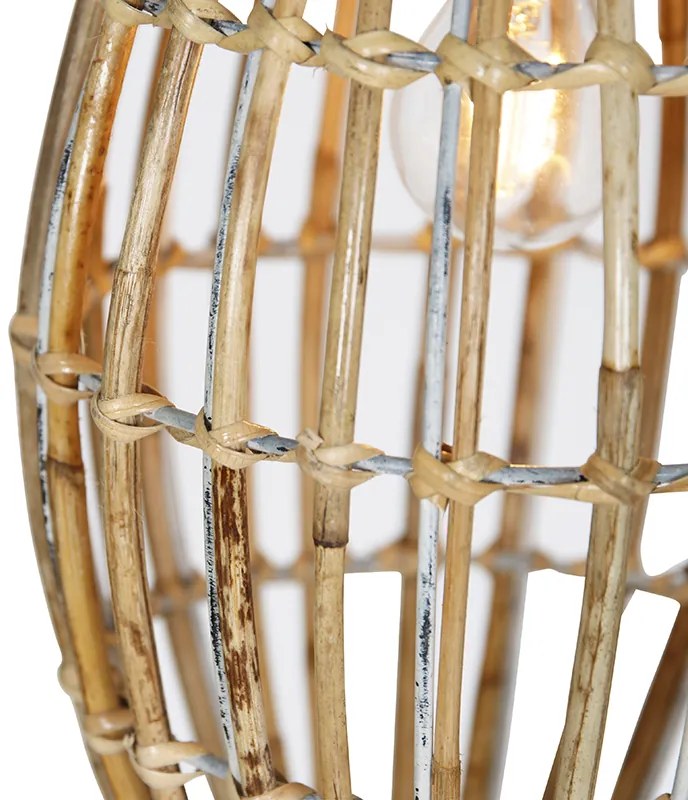 Lampa wisząca z bambusa z białym prostokątnym kloszem 3-światłowa - Canna Capsule Rustykalny / Vintage Oswietlenie wewnetrzne