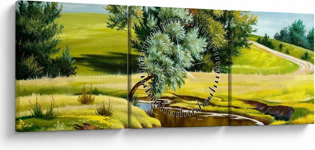Obraz - rzeka między łąkami, obraz olejny (z zegarem) (90x30 cm)