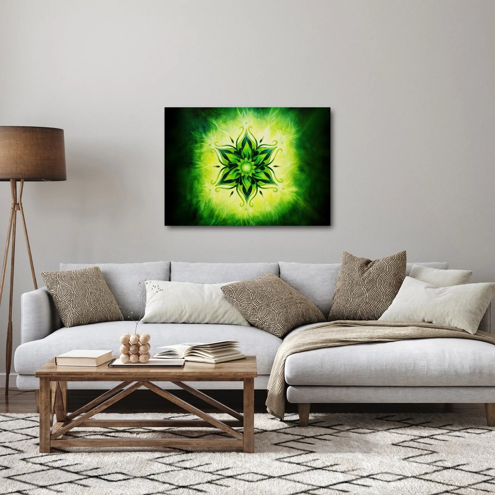 Obraz - Kwiatowa mandala na zielonym tle (70x50 cm)