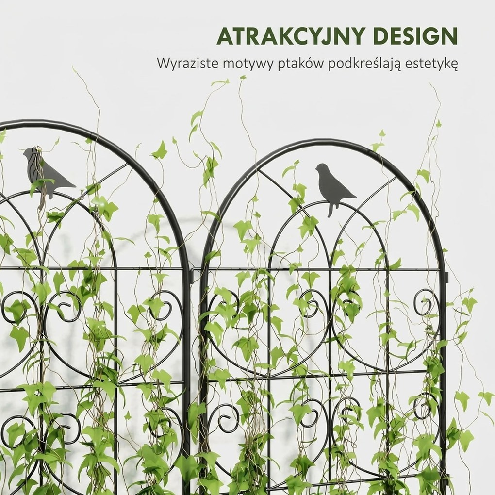 Metalowa Pergola Outsunny, Zestaw 2szt. do Wbijania, Odporna na Rdzę, z Motywem Ptaków na Rośliny Pnące 50x120 cm, Czarna