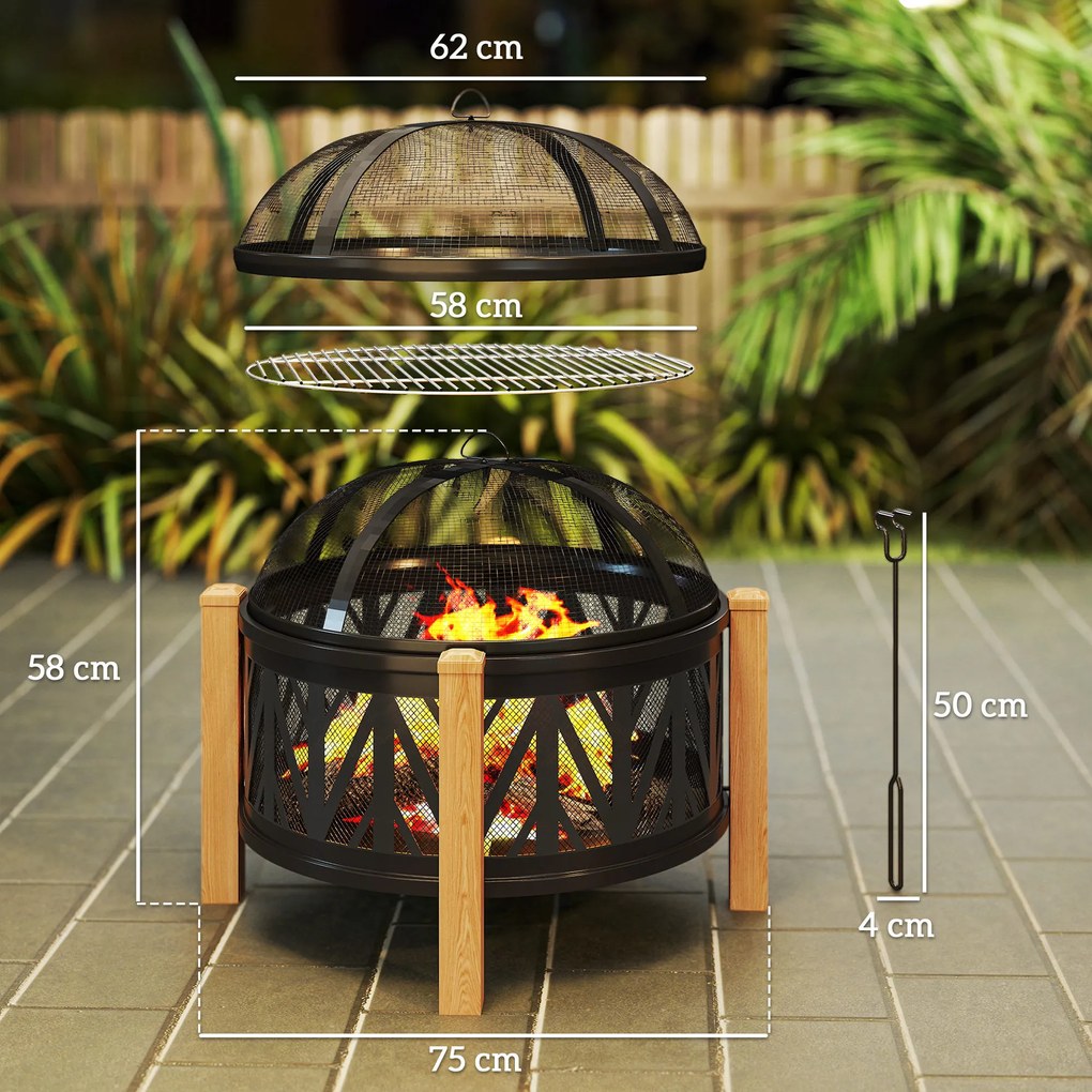 Outsunny 2-w-1 Misa Ogniowa Ø75 x 58 cm Palenisko z Osłoną Funkcyjną Hak do Palenia Kratka do Grilla Czarny