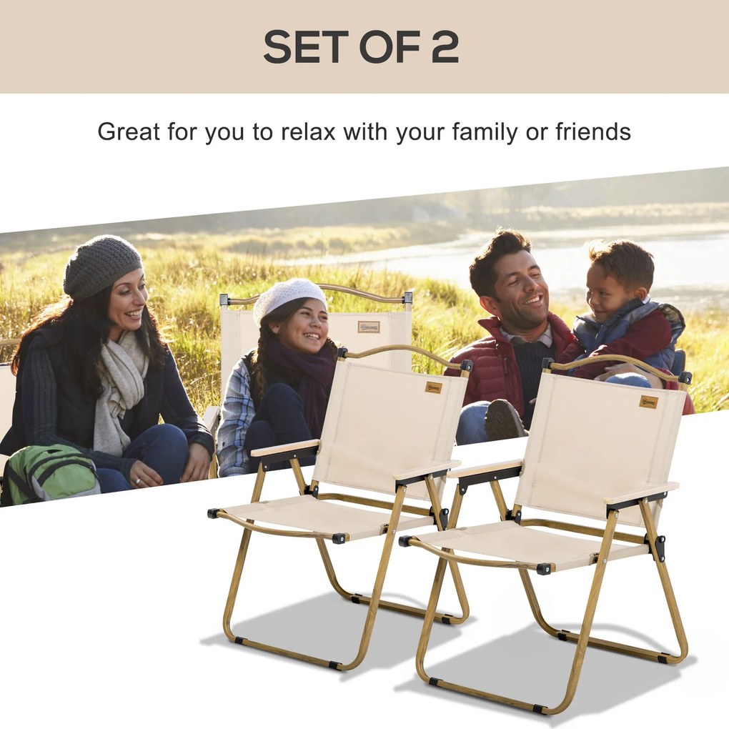 Outsunny Krzesła Campingowe, 2 sztuki, Składane, Stal w wykończeniu drewna, Khaki