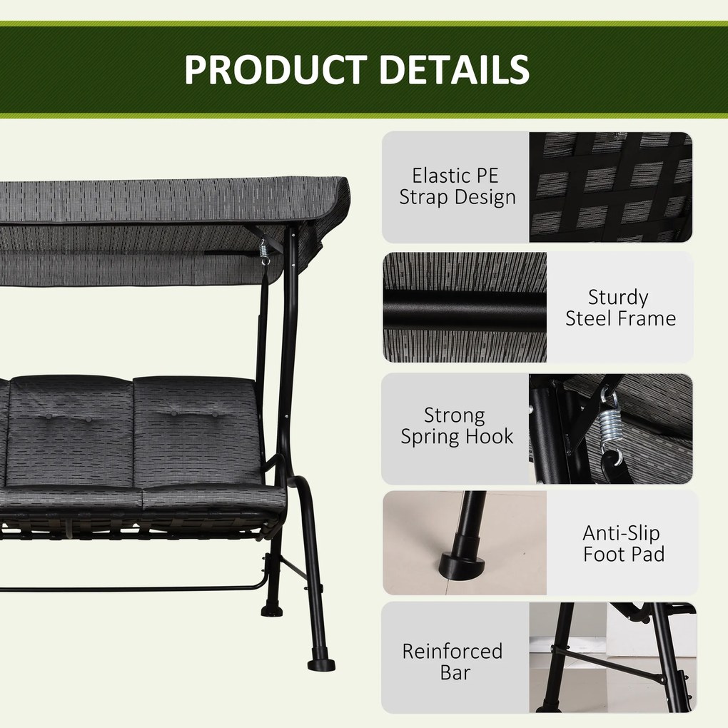 Huśtawka ogrodowa 3osobowa z regulowanym daszkiem Outsunny Komfort i ochrona przed słońcem Tekstylina | Aosom PL