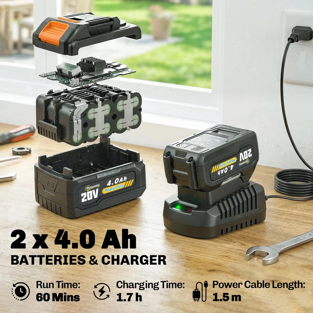 Outsunny Akumulatorowa podkaszarka 21 V z 2 x 4,0 Ah akumulatorami i ładowarką, szerokość cięcia 25 cm, regulowany teleskopowy uchwyt | Aosom PL