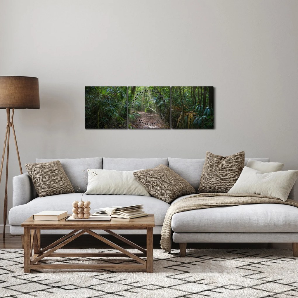 Obraz - Promienie słońca w dżungli (z zegarem) (90x30 cm)