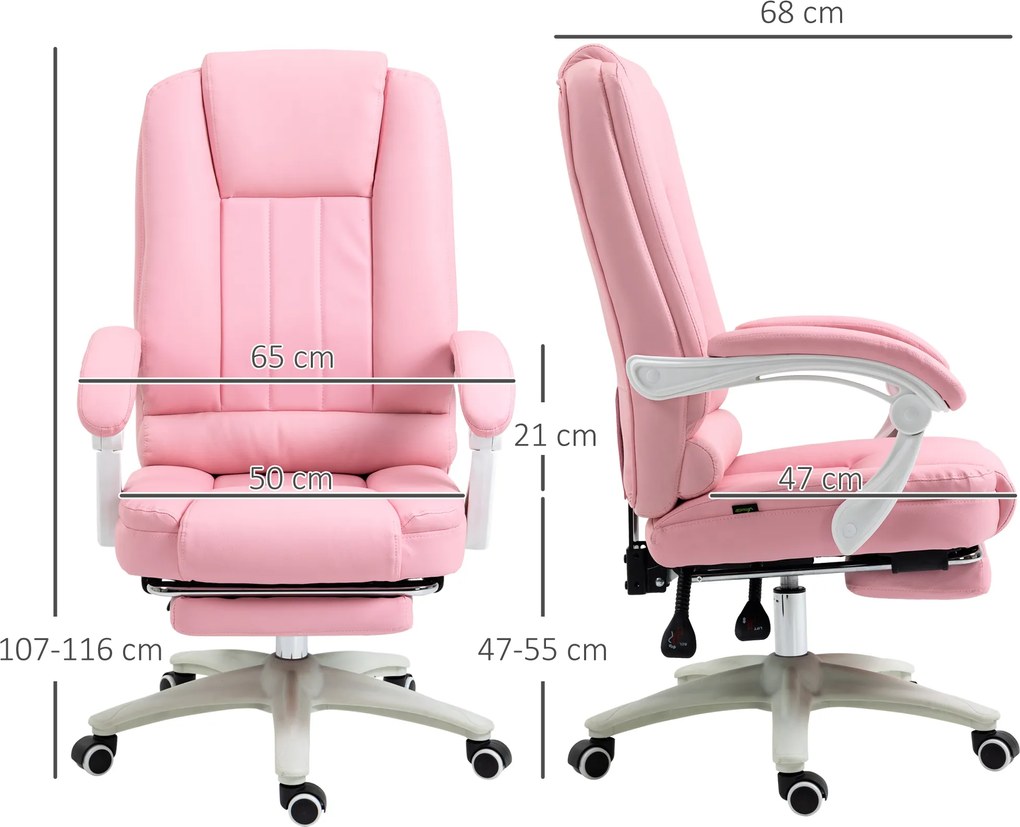 Vinsetto Fotel biurowy różowy z podnóżkiem funkcja leżenia regulowana wysokość wygodny | Aosom PL