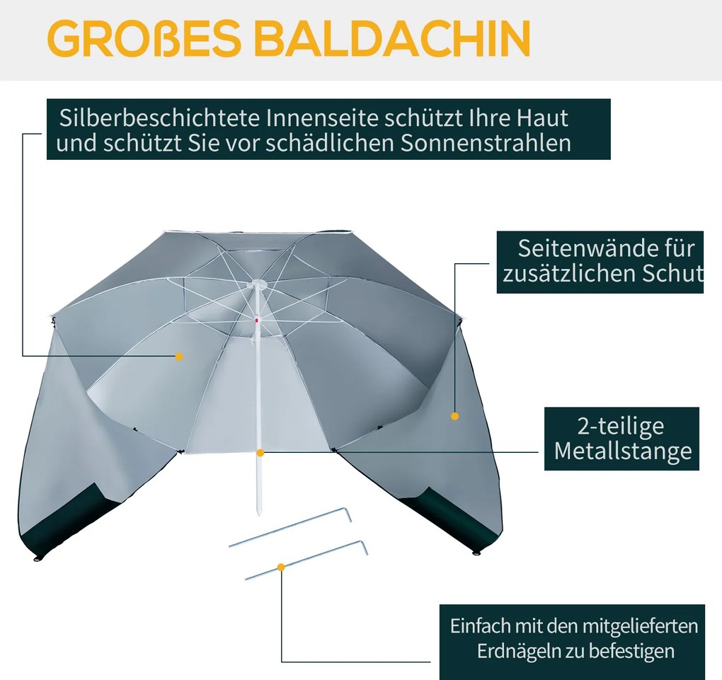 Outsunny Parasol Plażowy 2w1 z Osłoną Wiatrową Namiot Plażowy Ciemnozielony Φ210xH222cm | Aosom PL