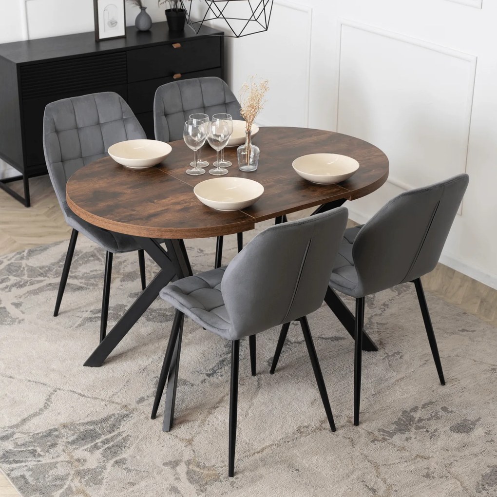 Zestaw Stół Okrągły Rozkładany DORIAN 80-160 cm Dąb Rustykalny/Czarny i 4 Krzesła Tapicerowane do Jadalni LUCKY Szare Welurowe