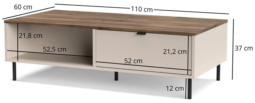 Ława do Salonu z Szufladami BLUSH 110 cm Kaszmir/ Dąb castello Nowoczesna