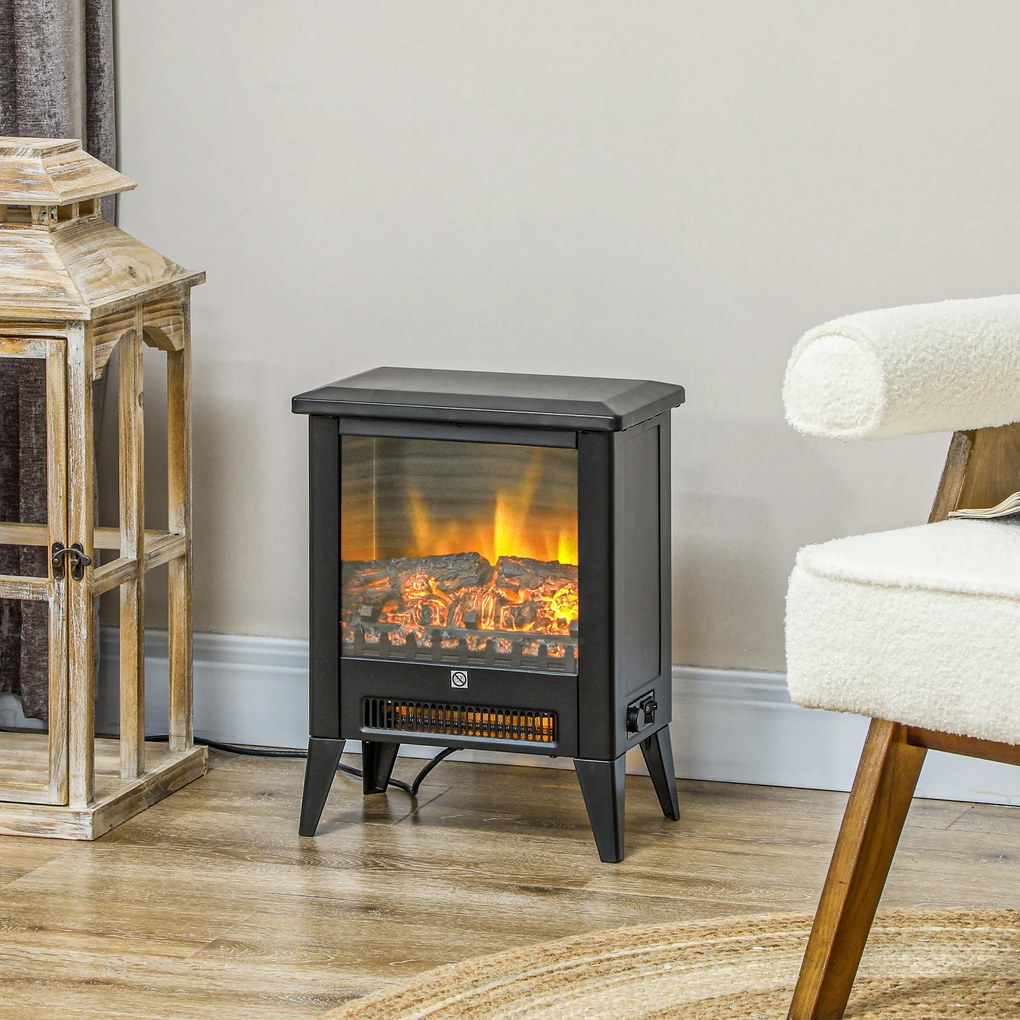 HOMCOM Elektryczny kominek z realistycznym efektem ognia, zabezpieczeniem przed przegrzaniem i niskim poziomem hałasu, 1800W, Czarny